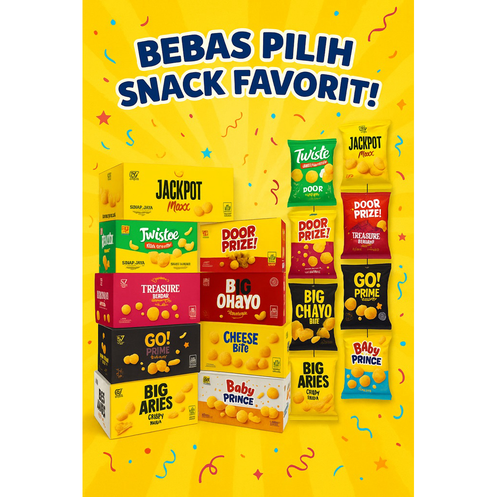 

Ciki Hadiah (Bila Beruntung) Jackpot, Goprime, Big Aries, Big Ohayo, Door Prize, Baby Prince, Treasure, Cheese Bite, Twist Prime, Chocolion, Bonns Bites, Billion | Snack Chiki Berhadiah Uang