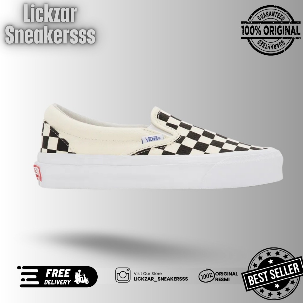 VANS SLIP ON VAULT CHECKERBOARD BLACK WHITE ORIGINAL RESMI NAVYA