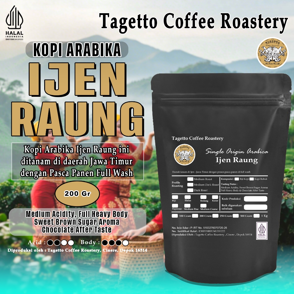 

BIJI KOPI ARABIKA IJEN RAUNG 200GR | FULL WASH ARABICA BEAN GROUND BUBUK 200 GRAM TAGETTO COFFEE