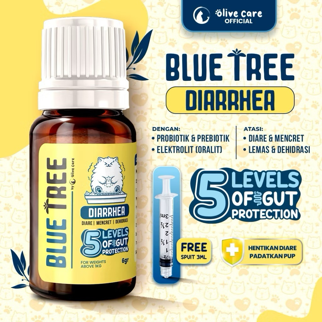 Olive Care Vitamin Obat Kucing BLUE TREE Diarrhea (Diare) dengan 5 Lapis Perlindungan Usus kandungan