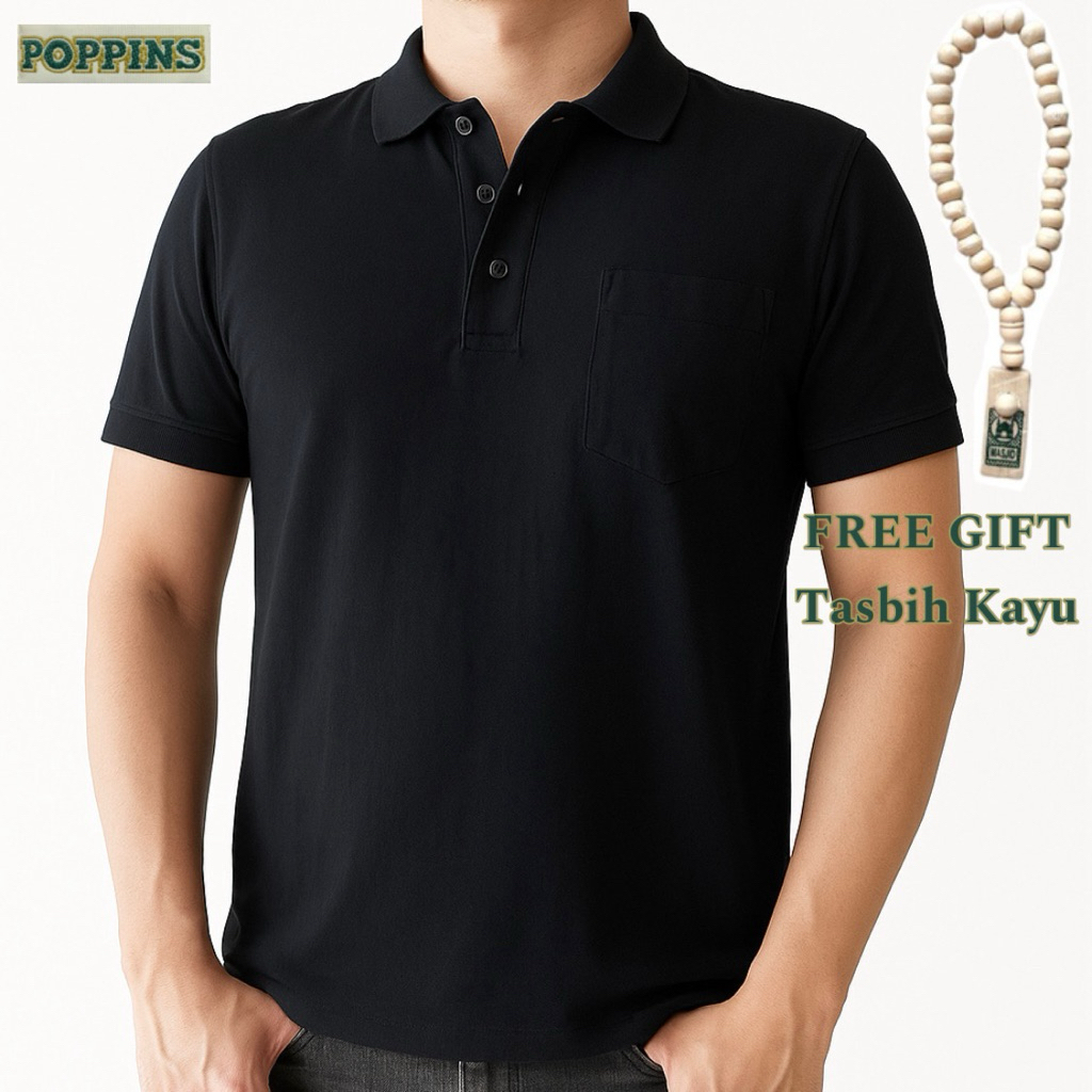 [POPPINS] Kaos polo t-shirt polos hitam berkerah krah kantong berkantong