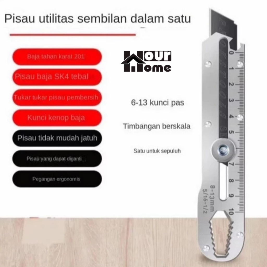 

Pisau Cutter 9IN1 Dengan Pengukur Pembuka Botol Obeng Baut Skrup /Cutter Stainless Steel Pemotong kertas Serbaguna