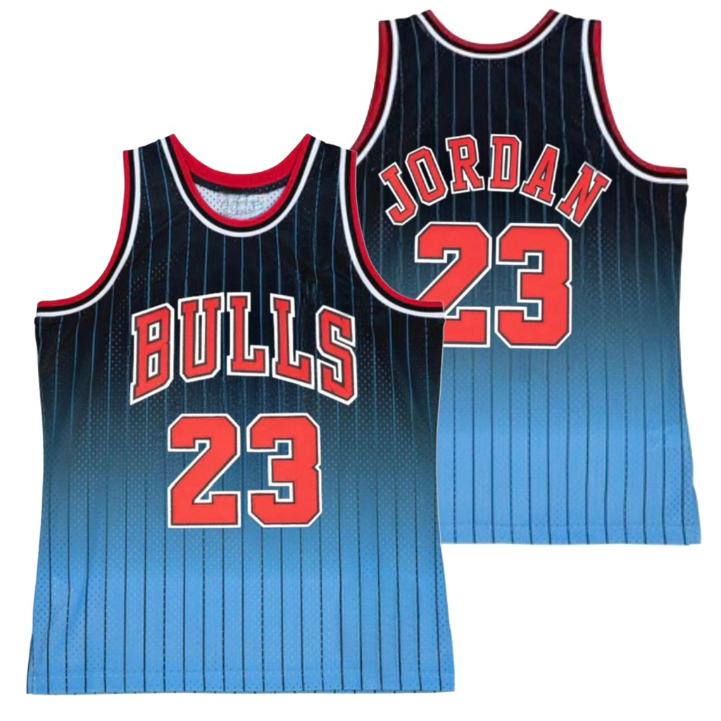 IMPORT BORDIR JERSEY BAJU BASKET GRADIENT RETRO FADEAWAY BULLS #23 MICHAEL JORDAN NAVY BIRU GARIS