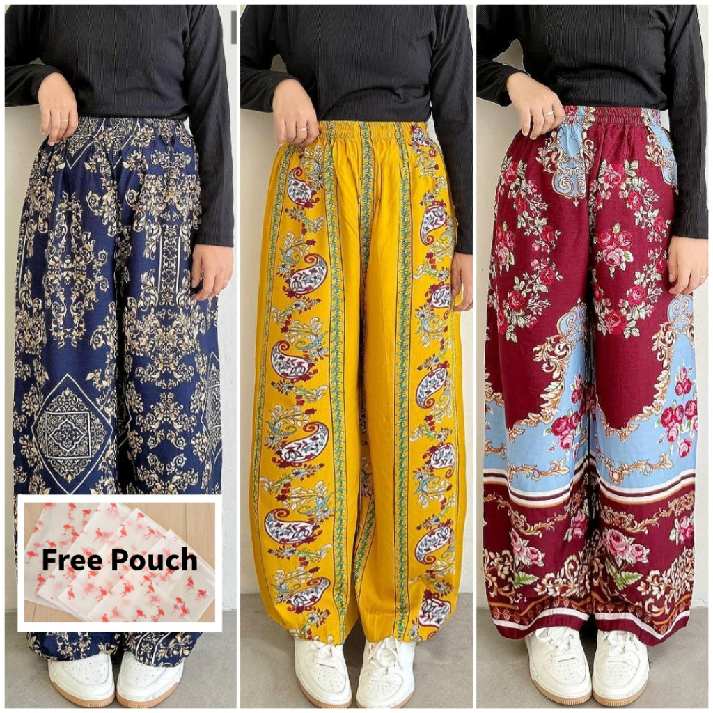 Celana Kulot Hommy Free Pouch Motif Wanita Bahan Rayon Kulot Panjang Motif Adem Rayon Garis Kain