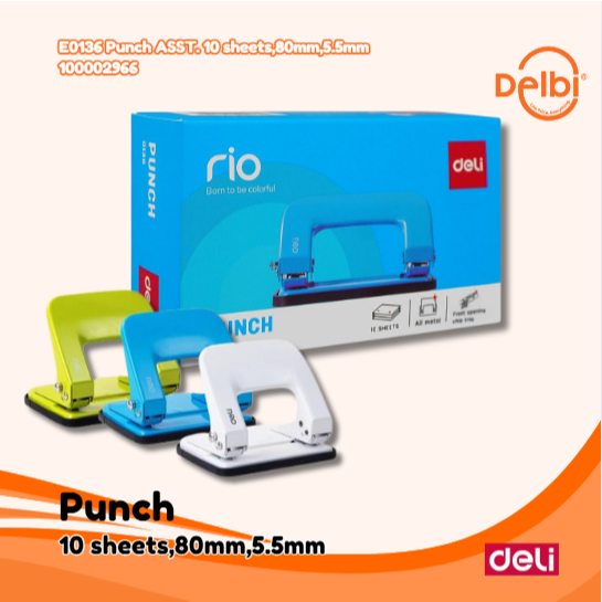 

DELI Punch ASST. 20 sheets,80mm PENGLUBANG KERTAS WARNA BIRU, HIJAU, PUTIH