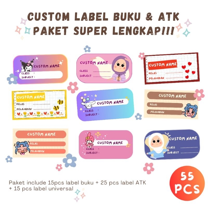

ALL IN ONE! Paket super lengkap! Custom label buku sekolah SD SMP SMA + label ATK + label universal