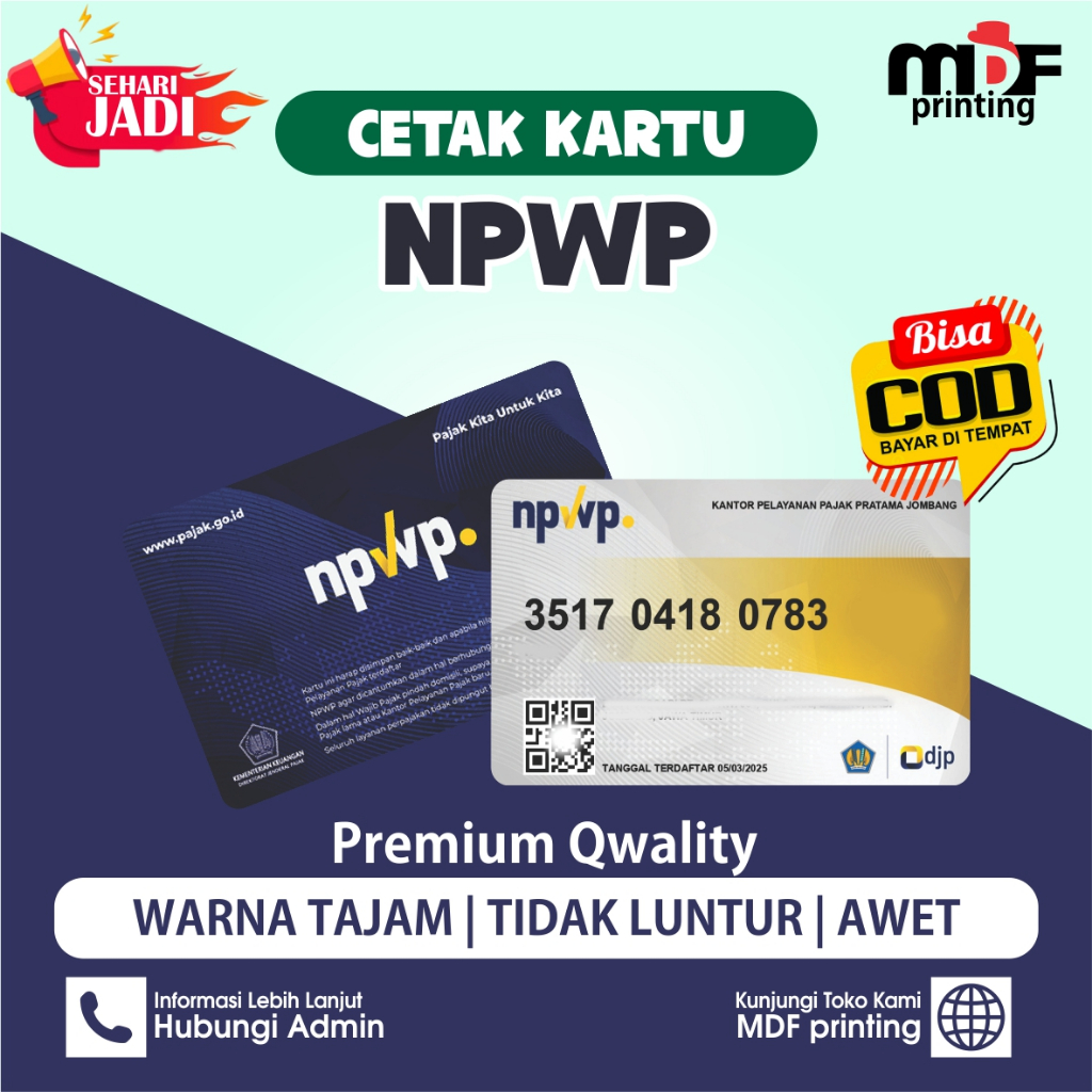 

Cetak NPW P Pajak Digital Fisik Bisa Satuan Anti Luntur Bahan PVC Tebal 2 SISI Murah