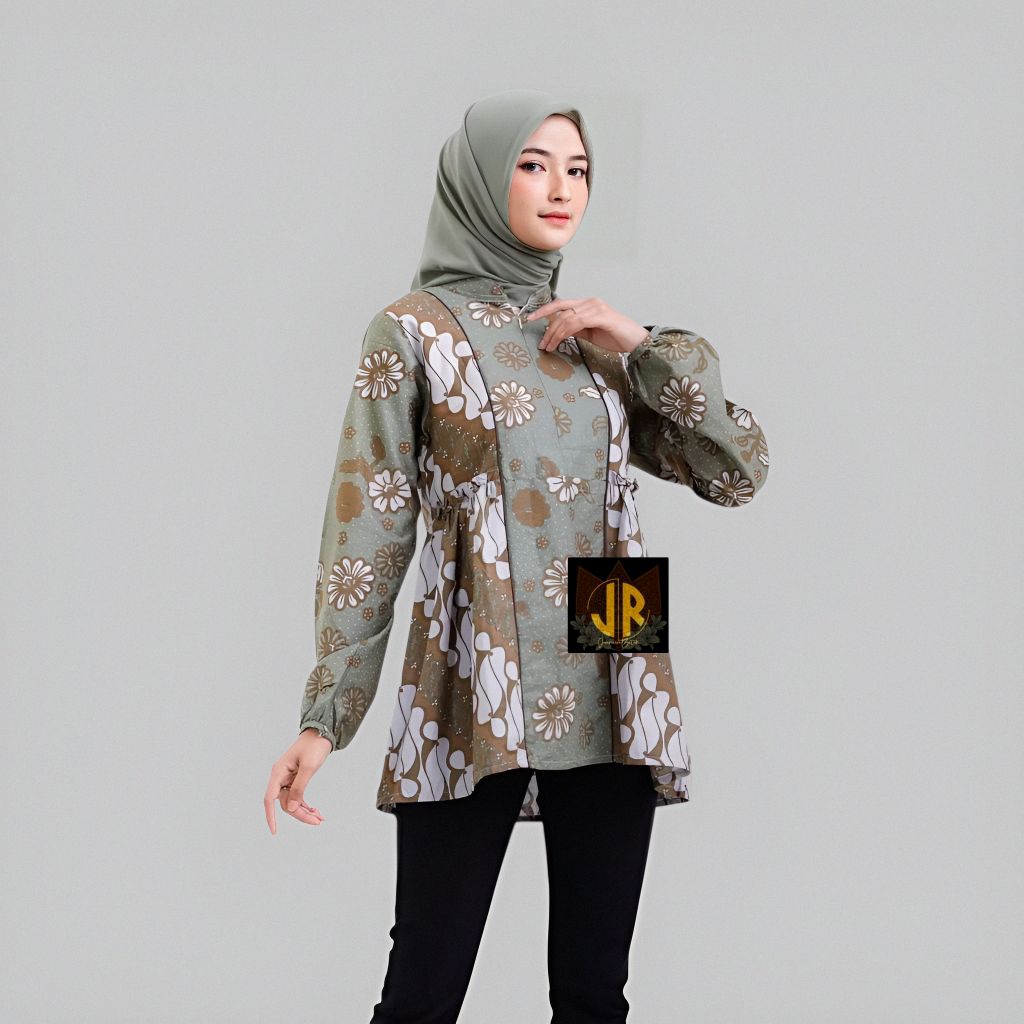 Blouse Batik Wanita Muslimah Motif Bunga Elegan | Atasan Hijab Modern Lengan Panjang