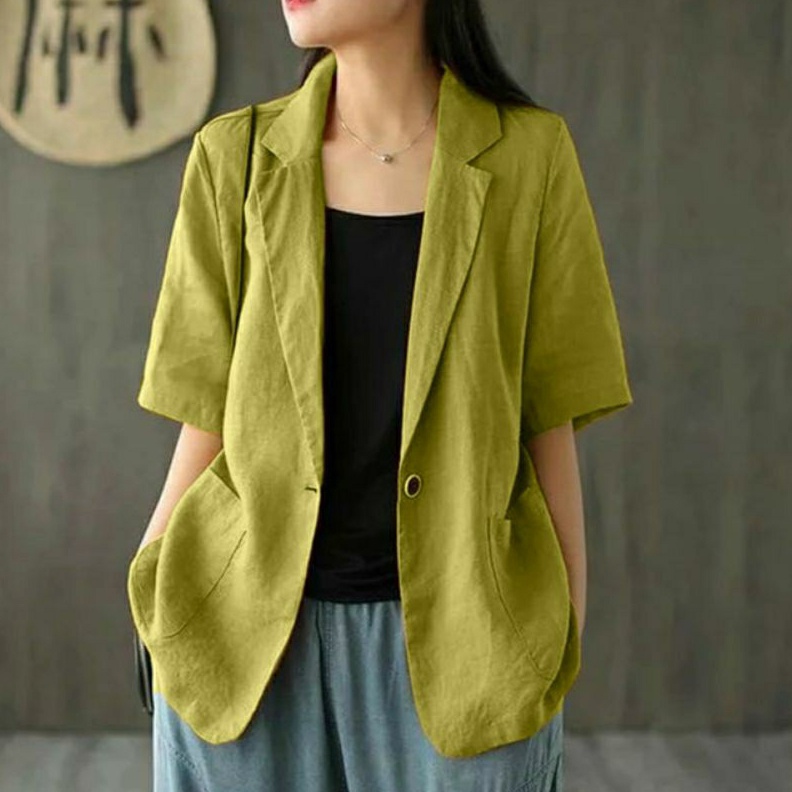 KODE R39R Blazer Lengan Pendek Jumbo Wanita Linen Ld 1cm Sampai 14cm  Lucinta Blazer  Blazer Korea  