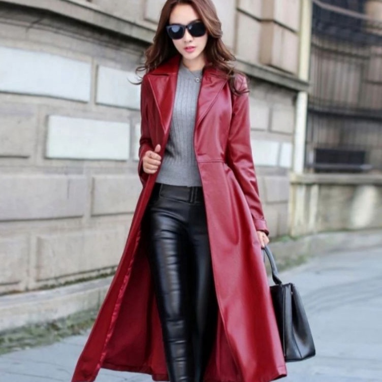 Mantel Kulit WanitaJaket Panjang Semi KulitJaket Musim Dingin Kerah Lengan Panjang Khalifa Terbaru K