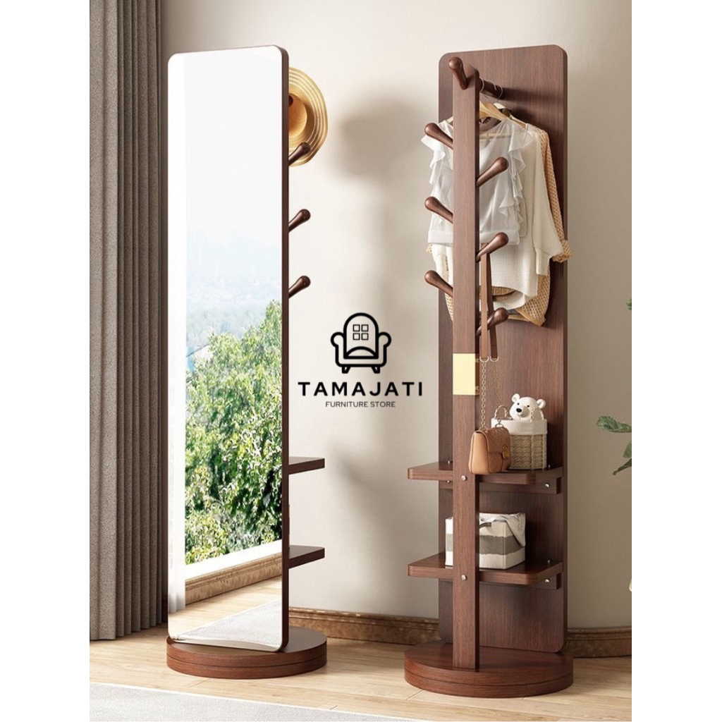 standing miror kayu jati gantungan baju