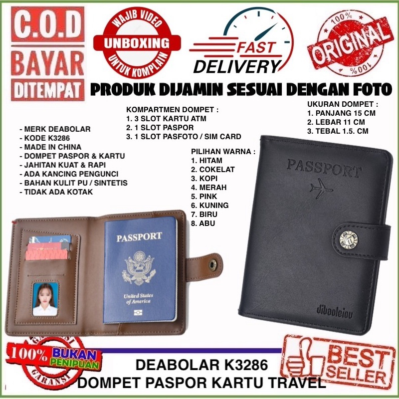KODE W85B COD Deabolar K3286 Dompet Paspor Kartu untuk Travel Bahan Kulit PU  Sintetis Tebal Dengan 