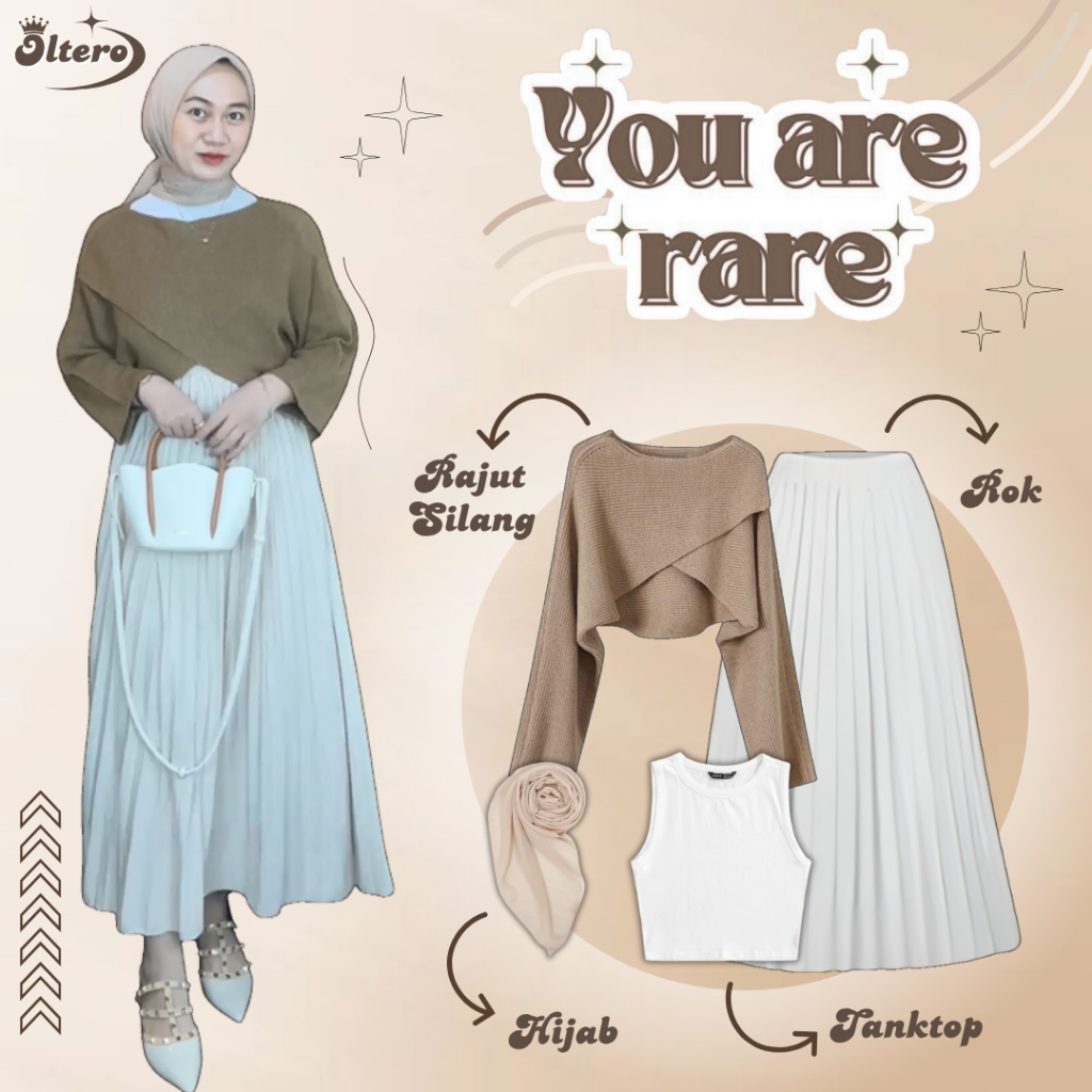 Setelan Outfit One Set Kekinian (Sweater Rajut Silang Tebal - Rok Plisket - Tanktop - Hijab) OL14