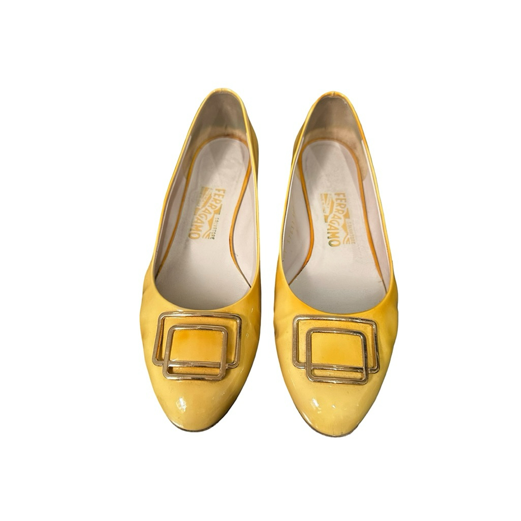Salvatore Ferragamo EU 38.5 Patent Leather Flats Sepatu Mustard ORIGINAL preloved