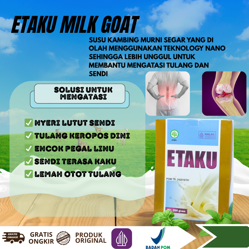 

Etaku Susu Kambing Etawa Bantu Tulang Kuat, Nyeri Sendi, Lutut Pegal, Otot Lemah, Encok, Tulang Keropos