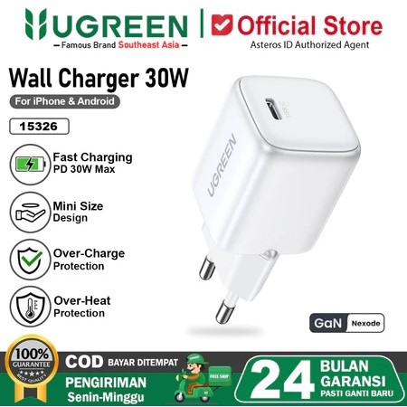 UGREEN Kepala Charger GAN N Series iPhone 13 Pro Max 14 Pro Max 15 Pro Max Fast Charging 30w