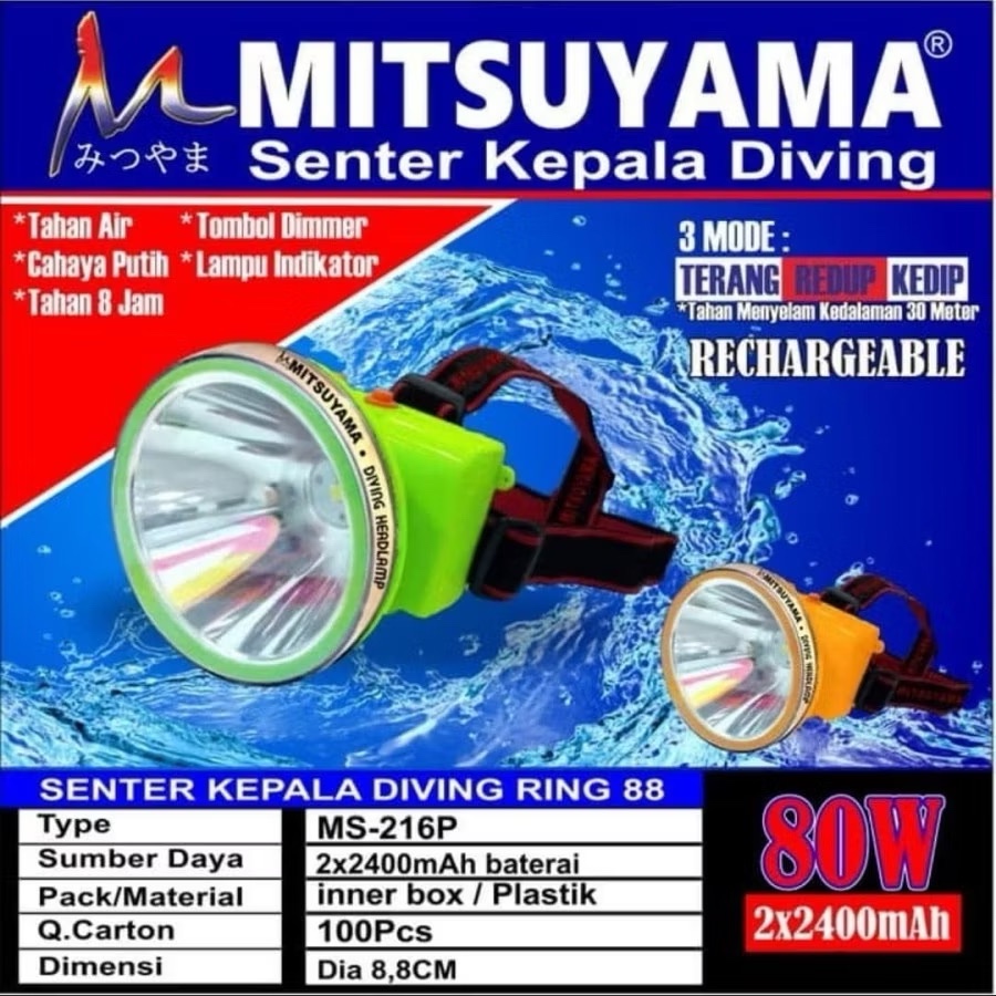 Senter Kepala Selam Mitsuyama 80W, Headlamp Diving LED 80W Mitsuyama MS-216P/MS-216K