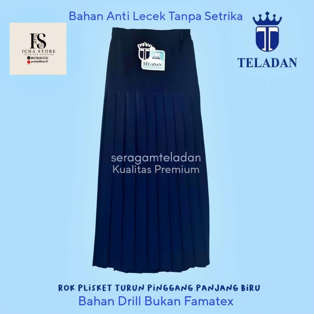 Seragam Sekolah Teladan Rok Meksi Panjang Plisket Plisir Turun Pinggang Biru Dongker Navy