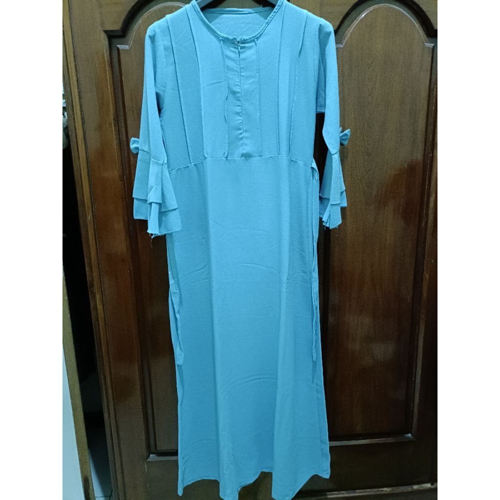 gamis hijau sage, dress panjang, gaun