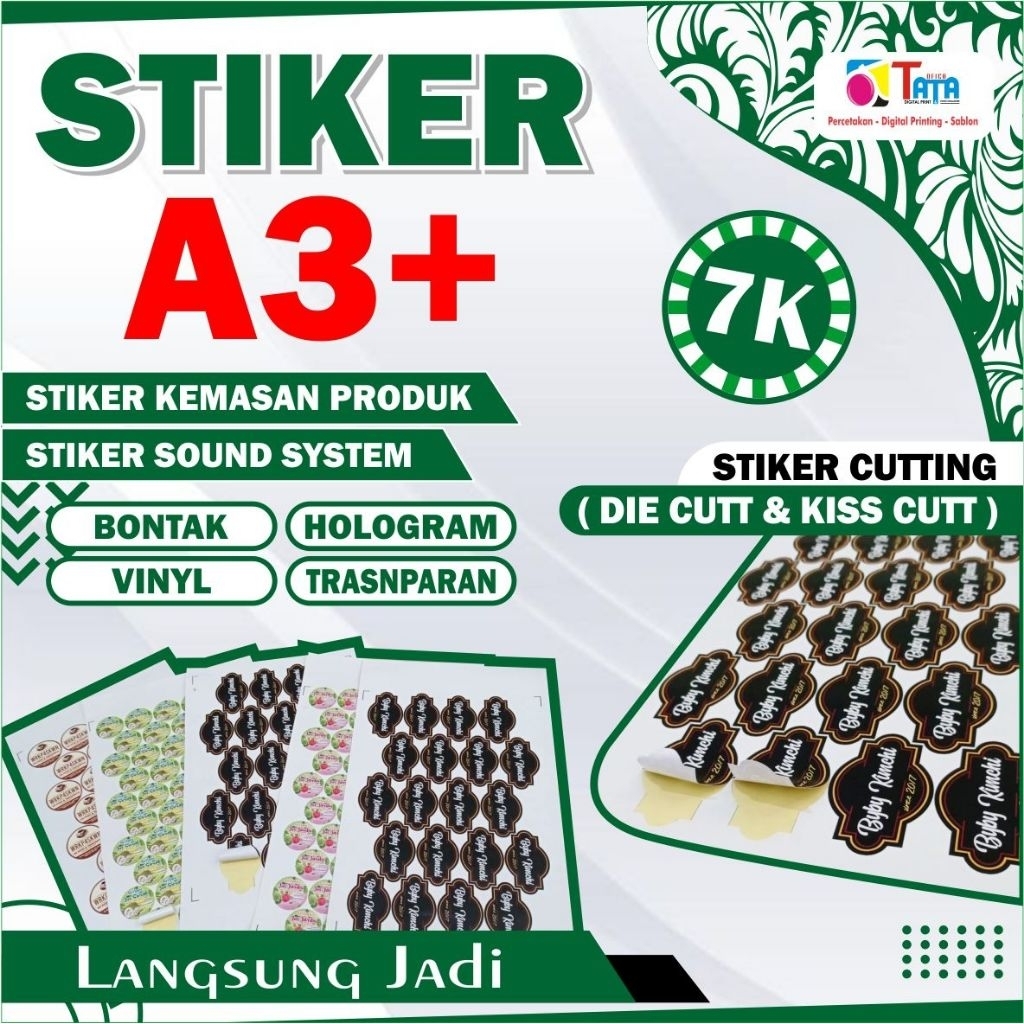 

Cetak Stiker A3+ Vinyl / Bontak / Glossy / Sticker Custom MURAH / Label / Kemasan / Logo / Makanan / Minuman / skincare kosmetik bedak / Plus Potong Putus (Die Cutting) /Permukaan (Kiss Cut), Sticker Chromo, Kualitas Premium Anti Air