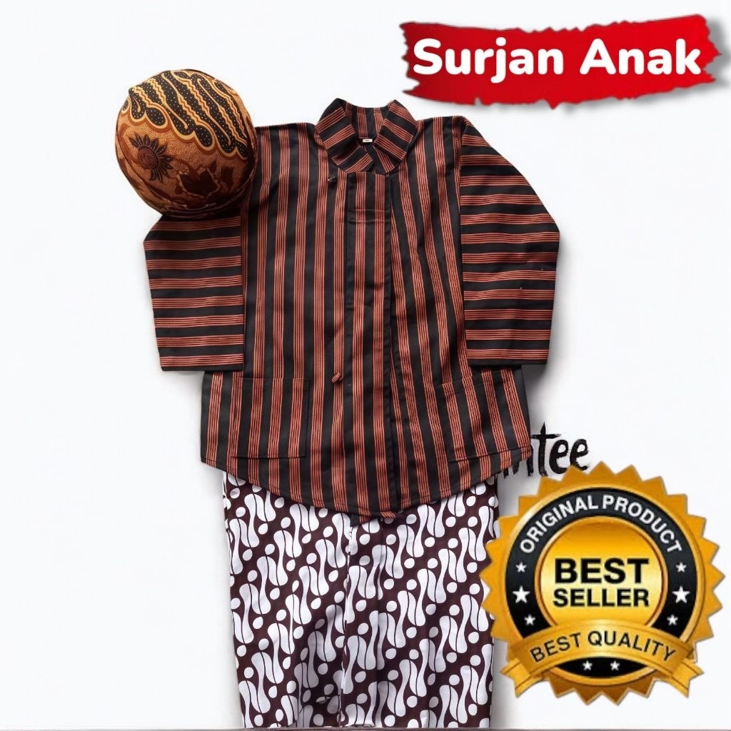 Kemeja Anak Lurik Bonus Blangkon - Surjan Anak Baju Adat Jogja Solo / Surjan Anak - Bahan Katun Raju
