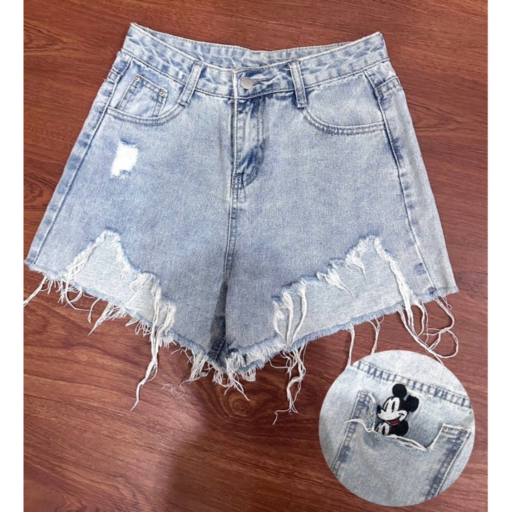 Hidden Pocket Mickey Mouse Hotpants / Ripped Detailing Jeans Shorts / Highwaist Raw Light Denim Shor