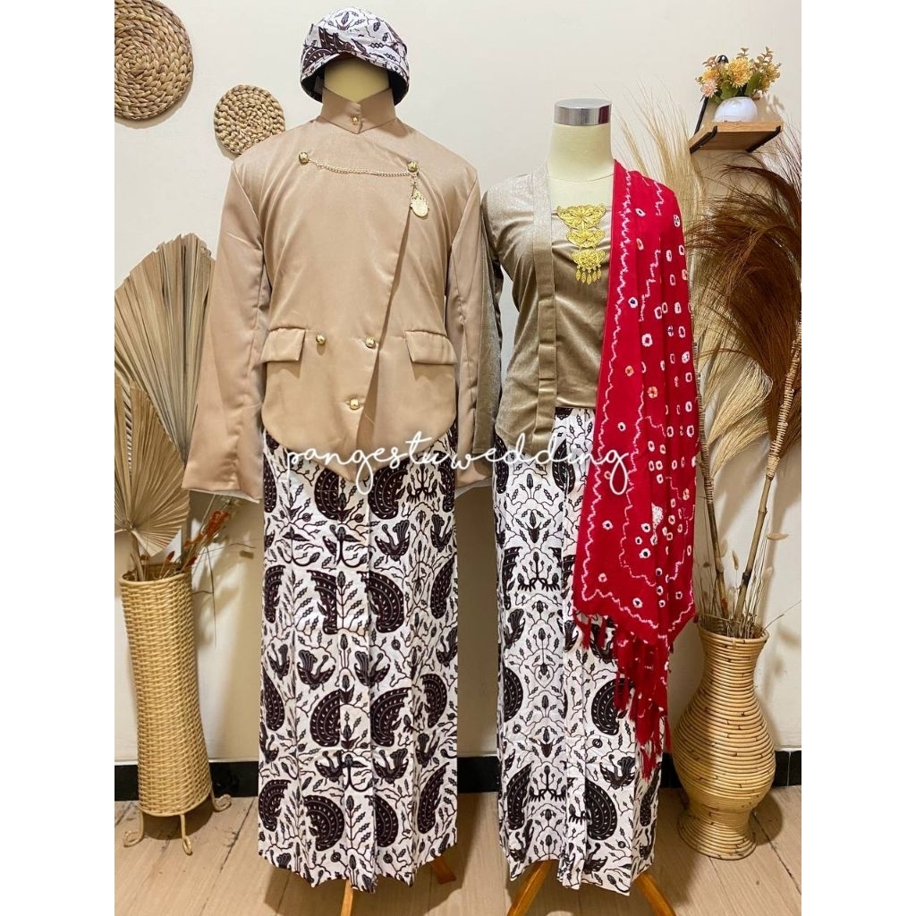 [SC39] Set Pakaian Prewedd/Couplean Beskap Solo + Kebaya Kutubaru motif Mocca_Lengkap Slendang Jumpu