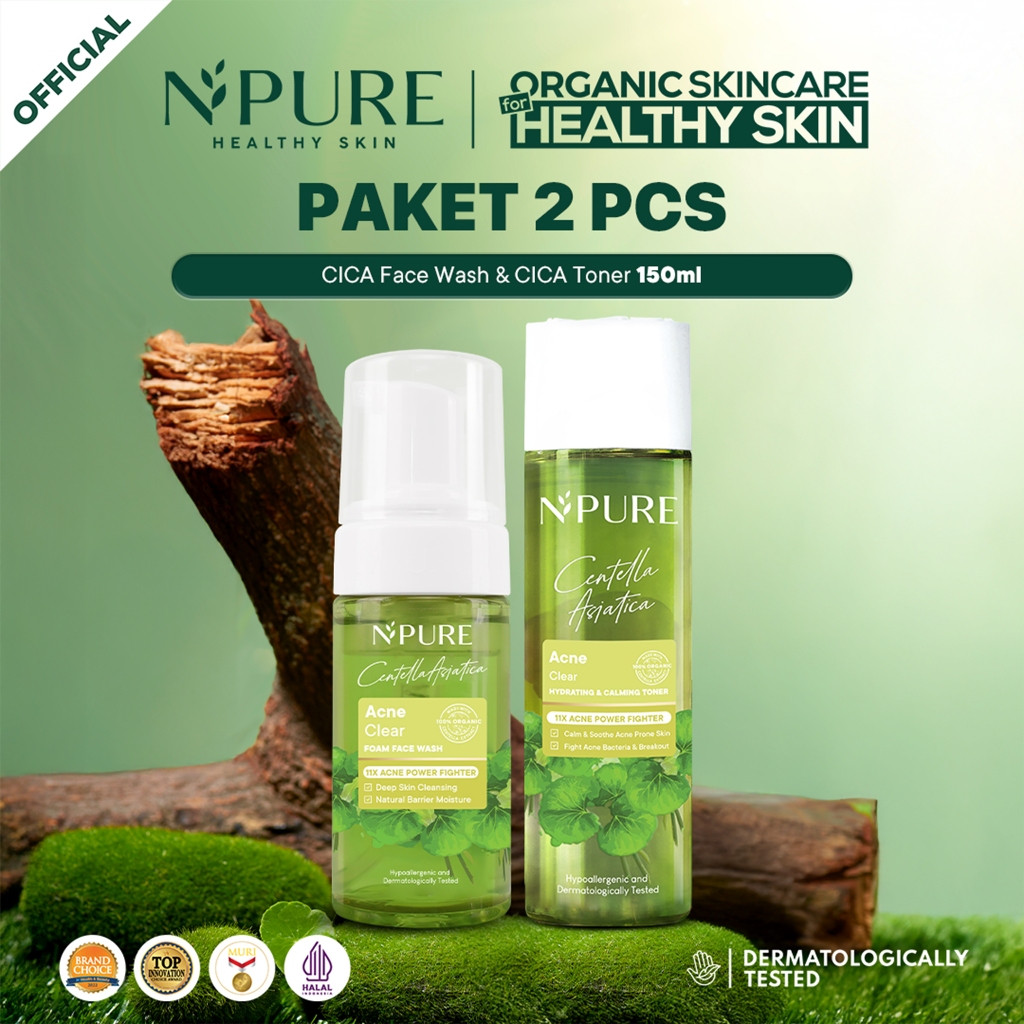 [HADIAH GRATIS] NPURE BUNDLE HEMAT - Cica Toner 150 ml + Cica Face Wash 100 ml / Kulit berjerawat / 