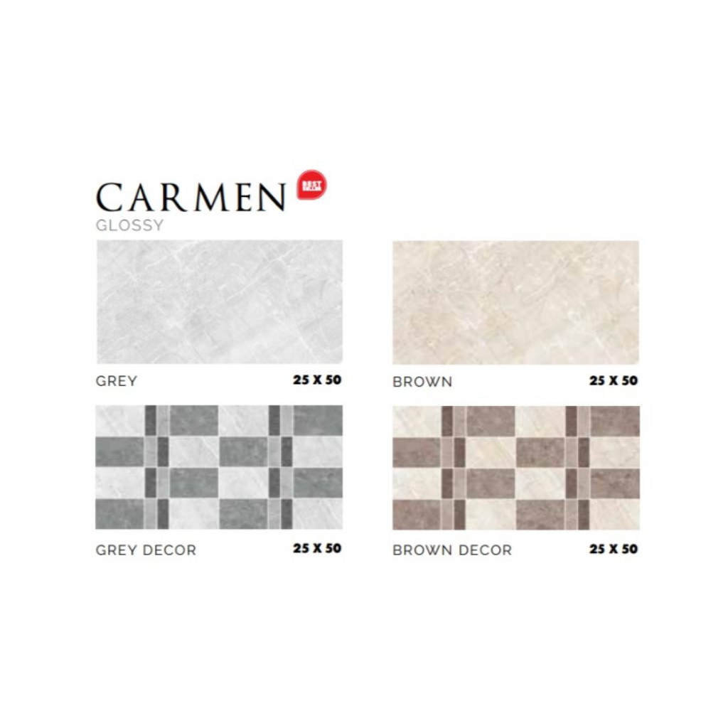 KERAMIK MERK PLATINUM TIPE CARMEN GREY BROWN UKIRAN 25X50 TERSEDIA BASIC DAN DECOR WARNA ABU DAN COK