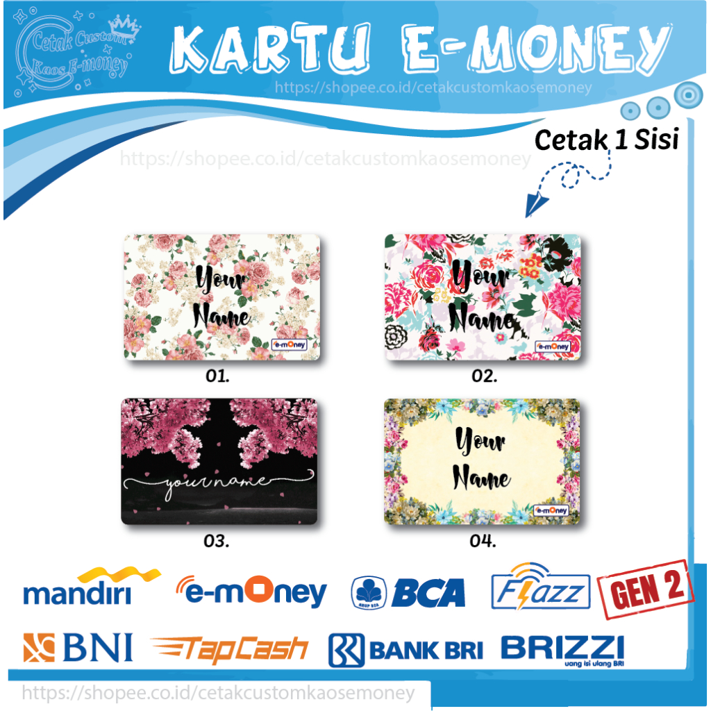 KARTU E MONEY E TOLL CUSTOM NAMA KUMPULAN BUNGA 35 EMONEY MANDIRI BCA BNI BRI - 1 SISI