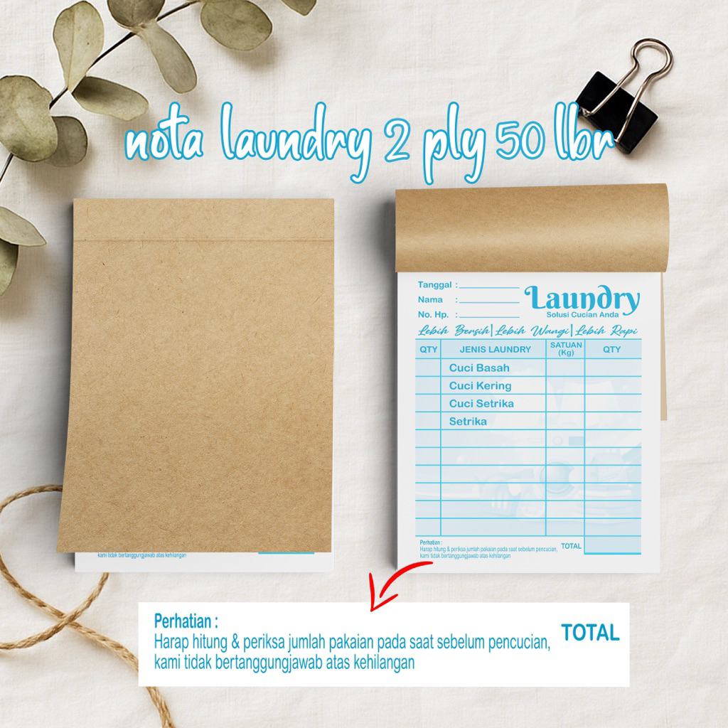 

Nota Laundry Rangkap 2 Isi 100 Halaman – Kertas NCR 1/8 Folio | NAYLASHOP