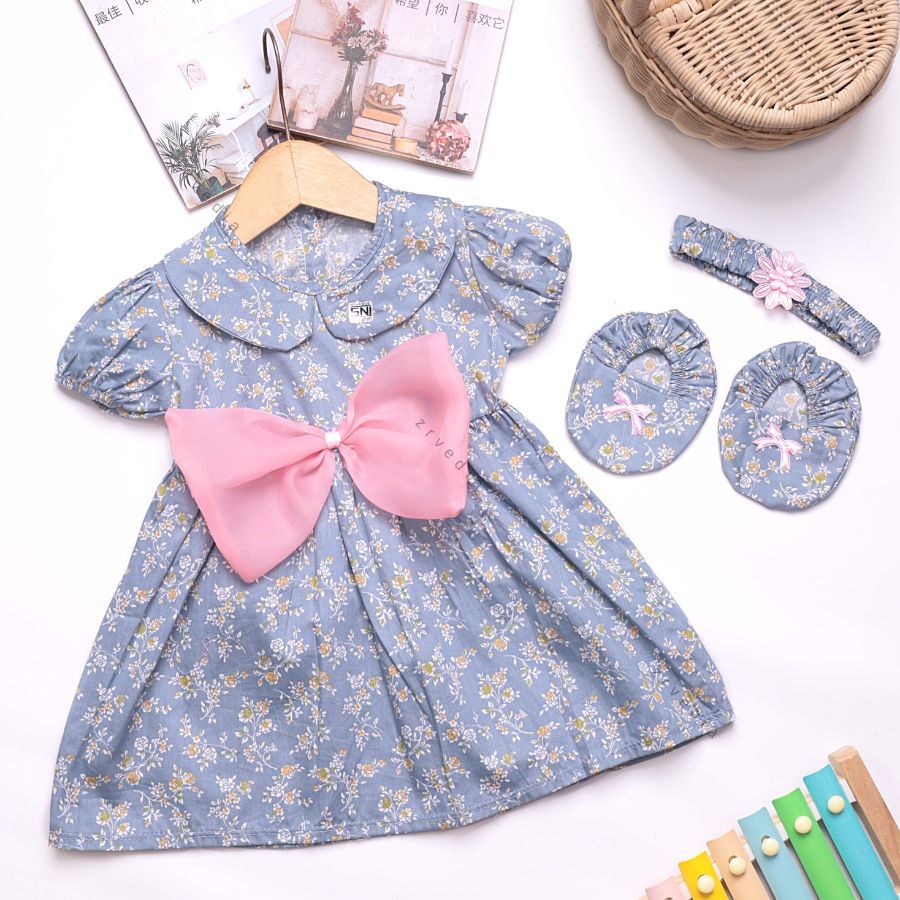 (3in1) Dress Baby Naura GRATIS BANDANA & SEPATU / Setelan Baju Girl Set Kado Jumper Import Dres Bayi