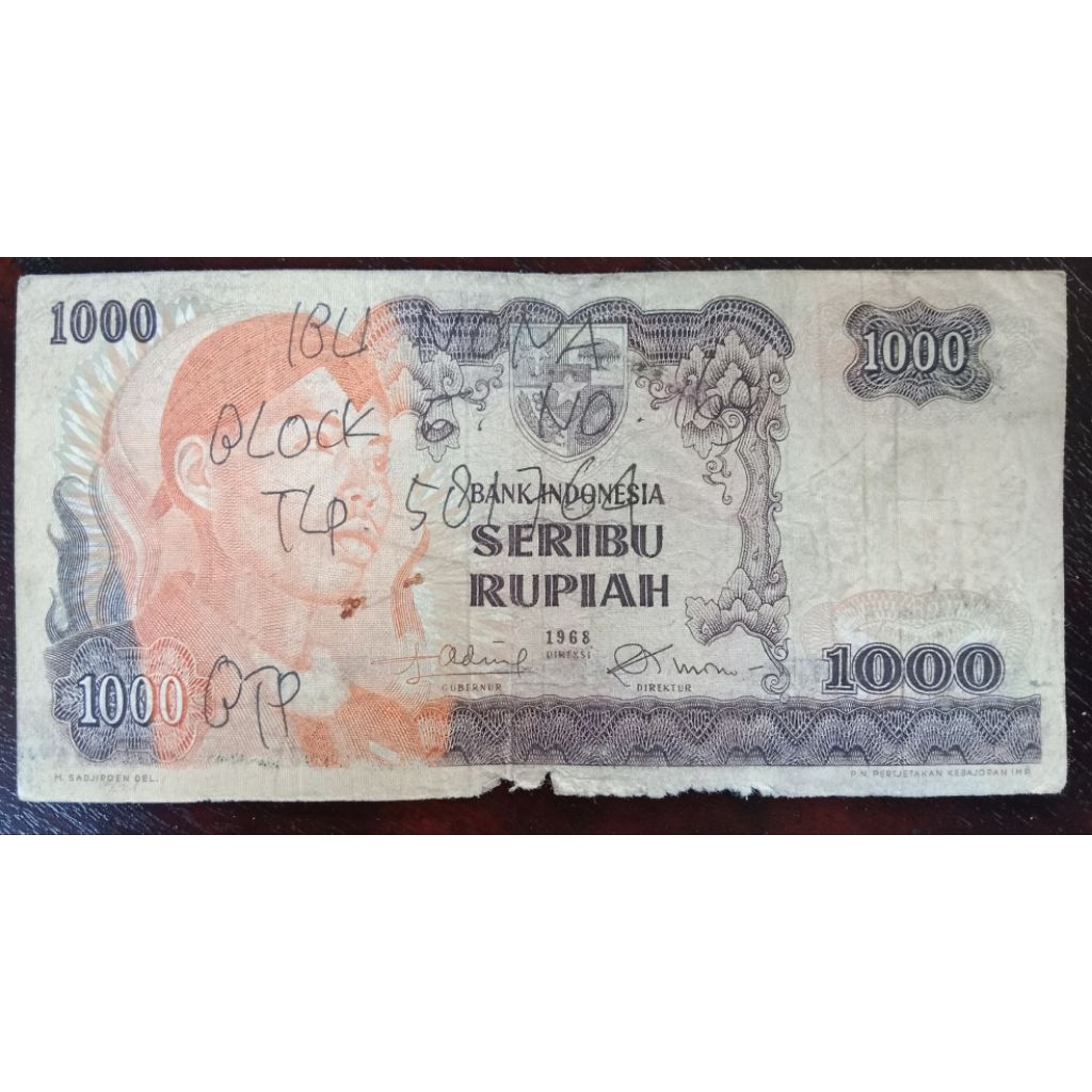 UANGKUNO 1000 RUPIAH SUDIRMAN THN 1968