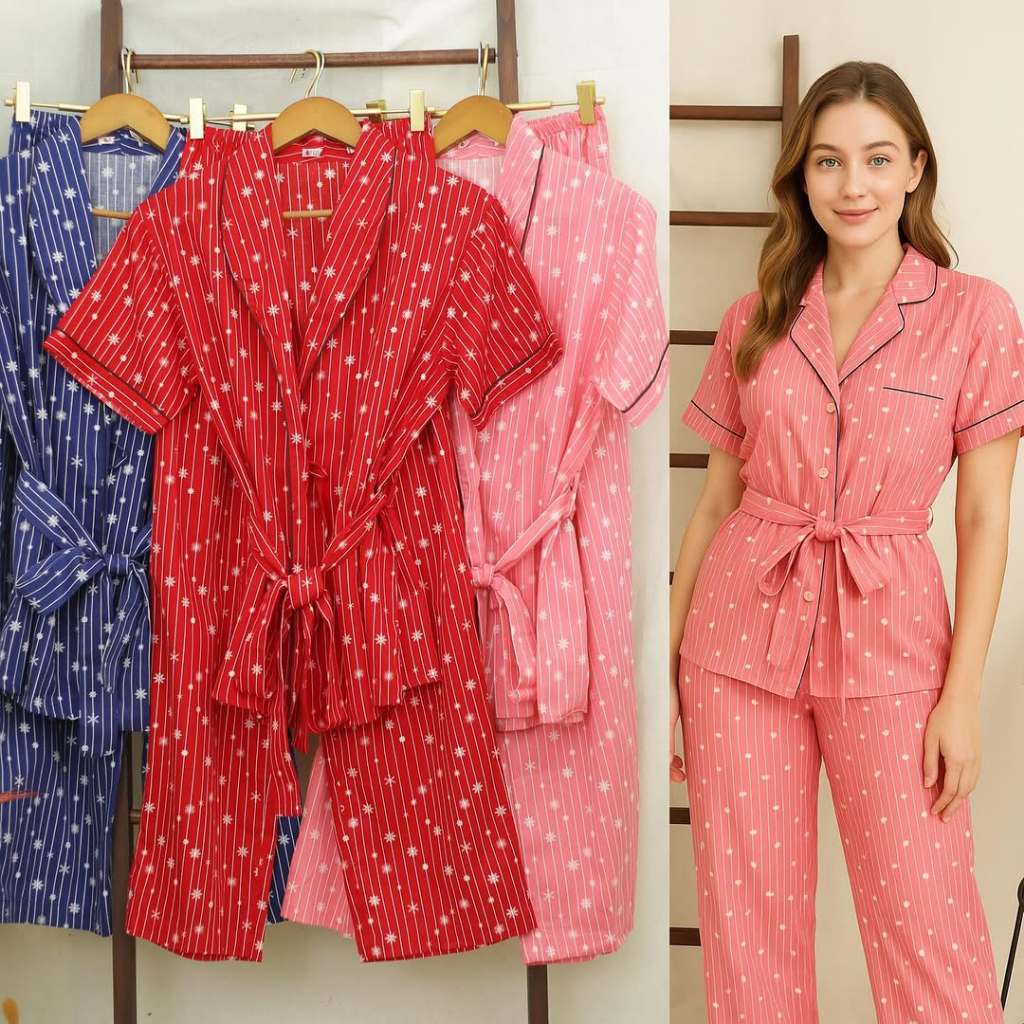 Setelan Baju Tidur Wanita Snow Printed Kimono Long Set RE136 A.B10