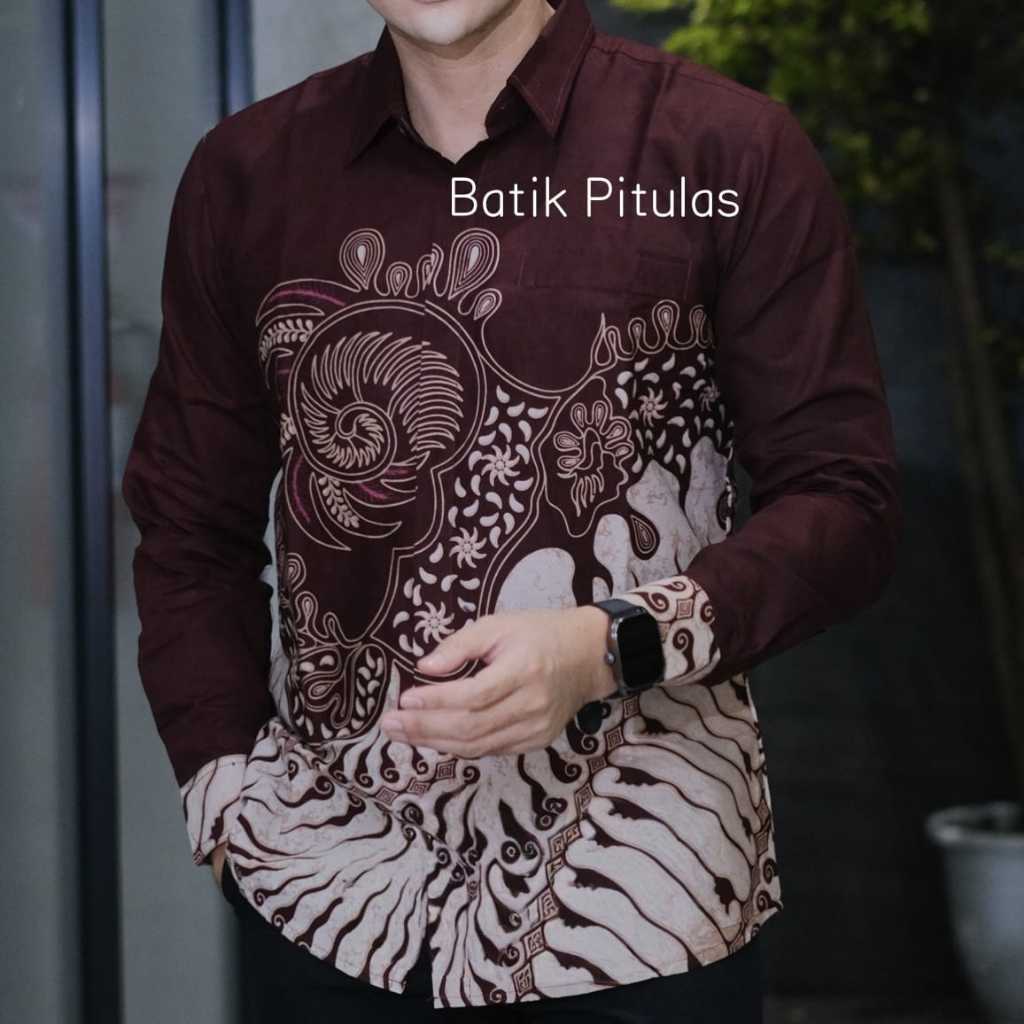 Kemeja Batik Lengan Panjang Pria Slimfit Burgundy
