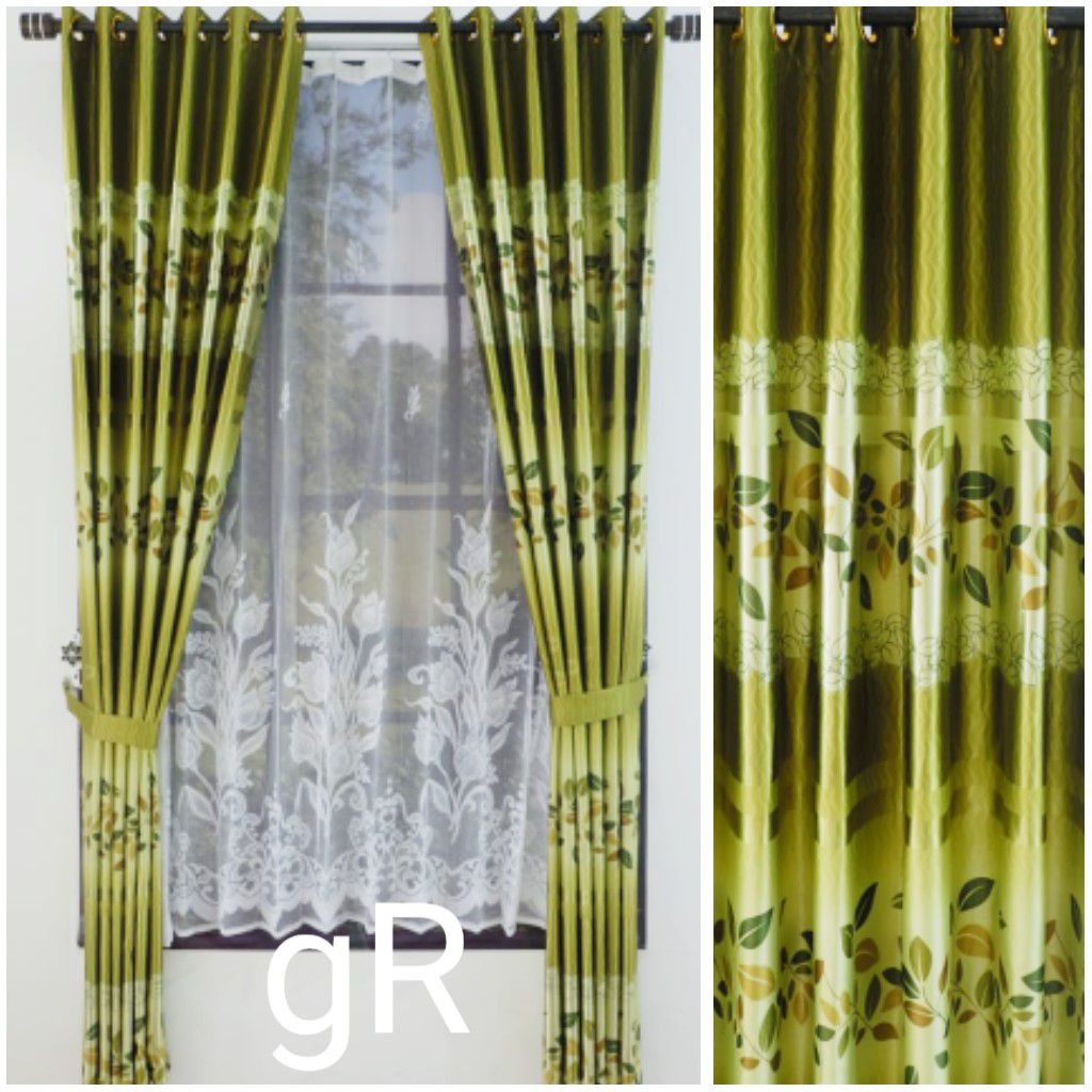 Gorden jendela pintu minimalis blackout printing hijau motif daun model smokring modern murah