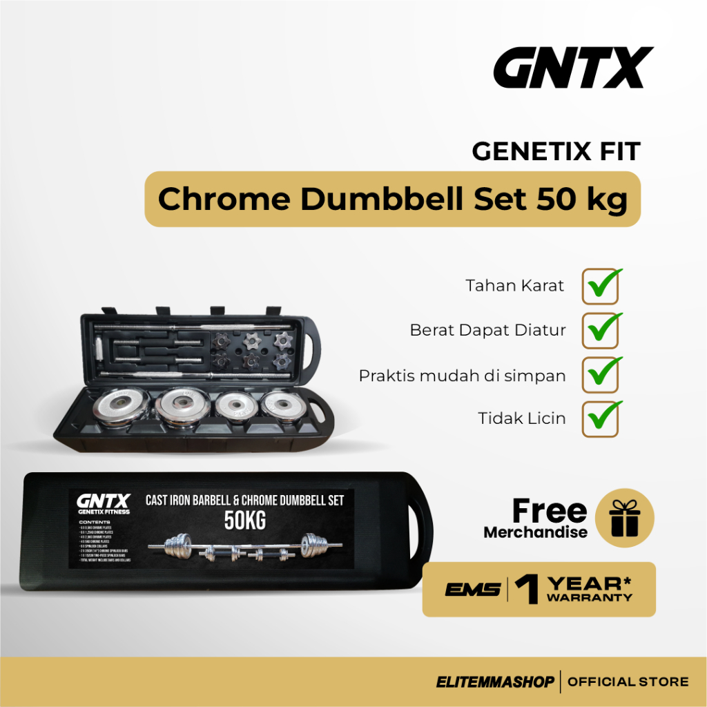 GENETIX FIT Chrome Dumbbell Set 50KG Barbell Set, Alat Fitness