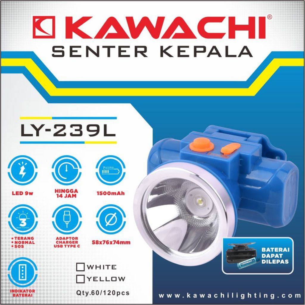 KAWACHI Senter Kepala LY-239L | Headlamp LED 9W – Baterai Bisa Dilepas