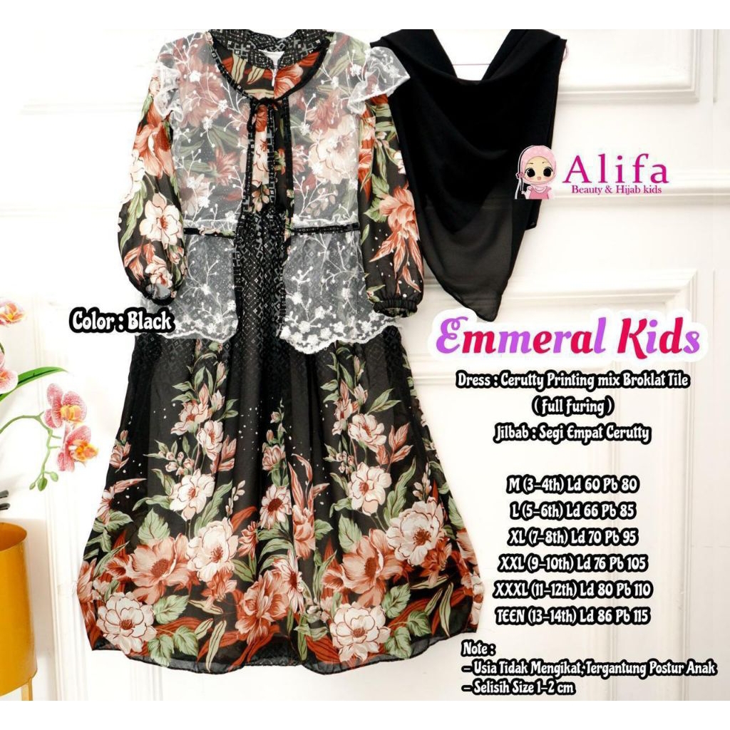 NHS - Emmeral Kids Syari Original Product By Alifa - Gamis Ceruty Printing Mix  Tile Brukat Untuk An