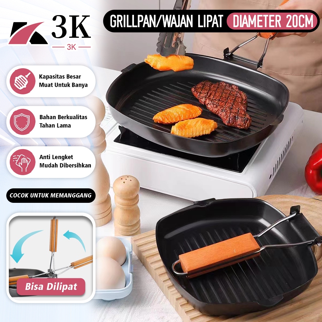 (3K Surabaya) Panci Panggang BBQ Grill Pan Korea 20CM Gagang Kayu Lipat Anti Lengket Multifungsi
