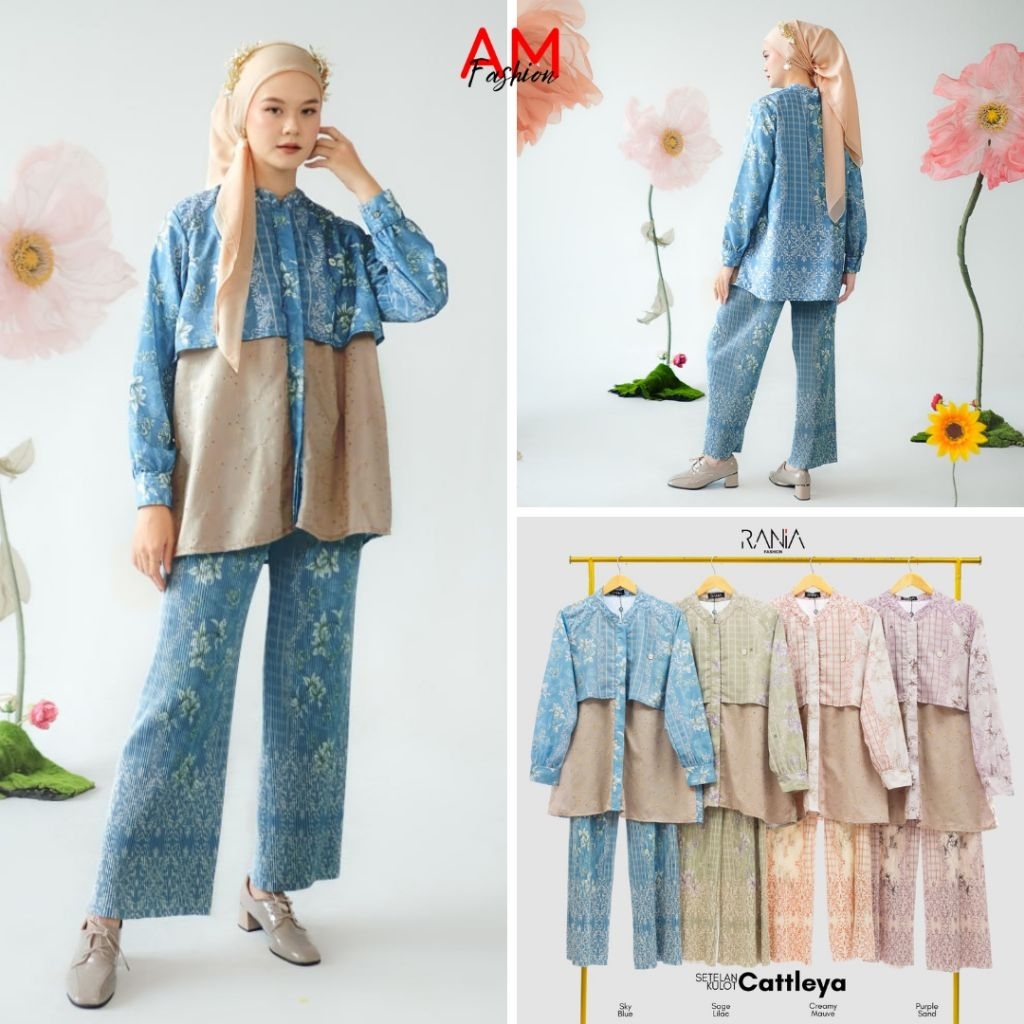 One Set Setelan Celana Kulot Plisket Wanita Motif Cattleya