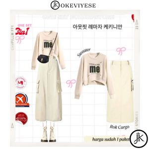 3in1 Outfit Korean Style Set Rok Hijab OOTD (Sweater Crop Rok Cargo Pashmina)