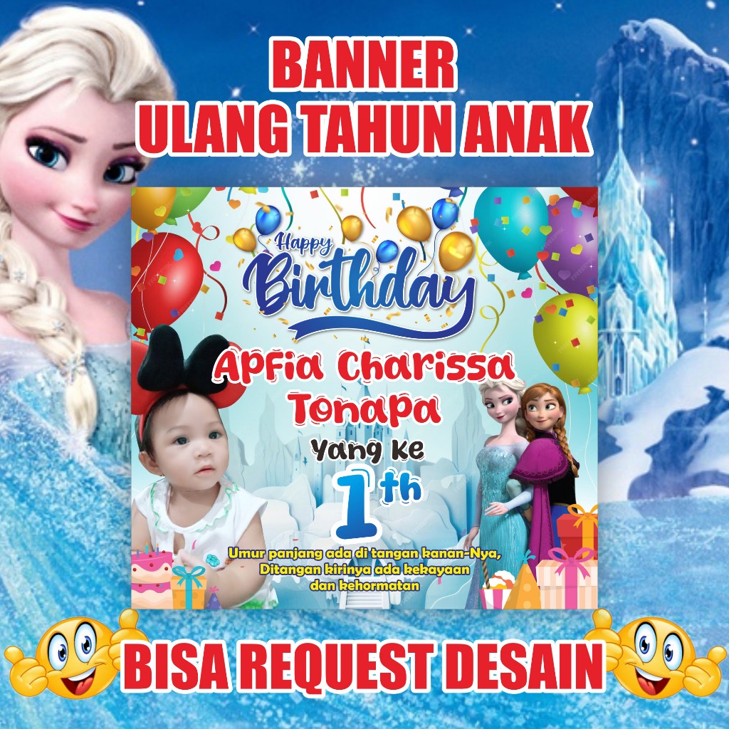 Backdrop Ulang Tahun Anak / Spanduk Ulang Tahun Tema Frozen / Banner Ulang tahun
