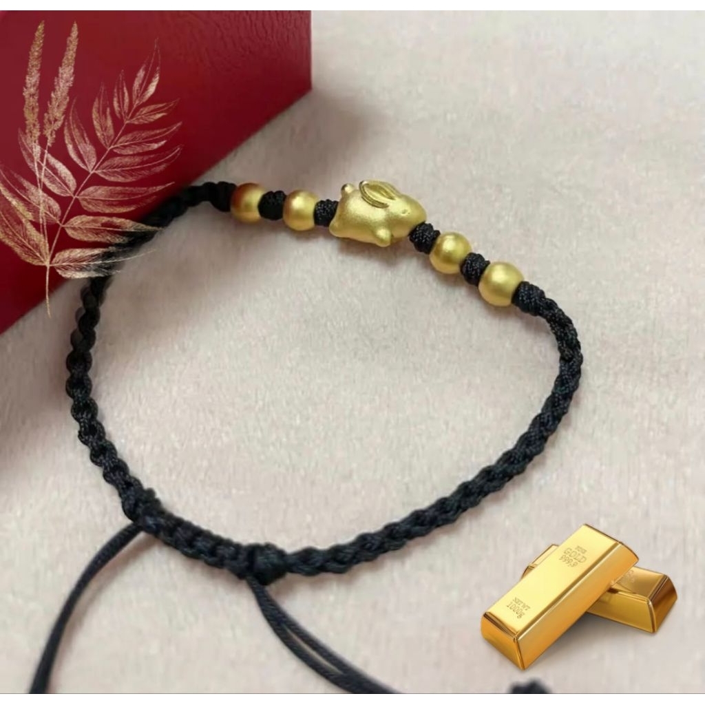 gelang tali serut gelang keberuntunga rejeki charm shio kelinci & bola bola variasi emas asli 23k 24