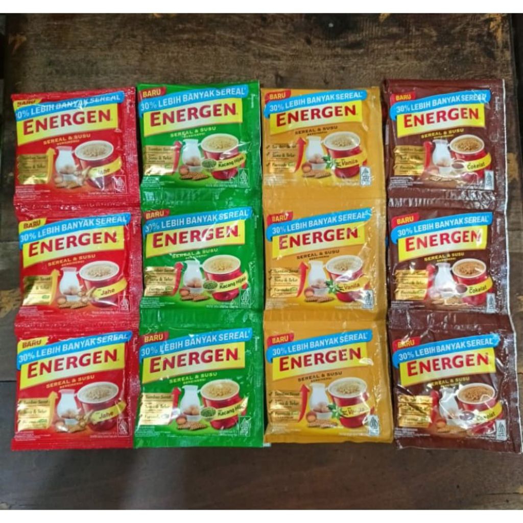 

ENERGEN 1 renceng isi 10 sachet berat bersih 35g (ready semua viarian rasa. coklat,vanila,jahe,kacang hijau)