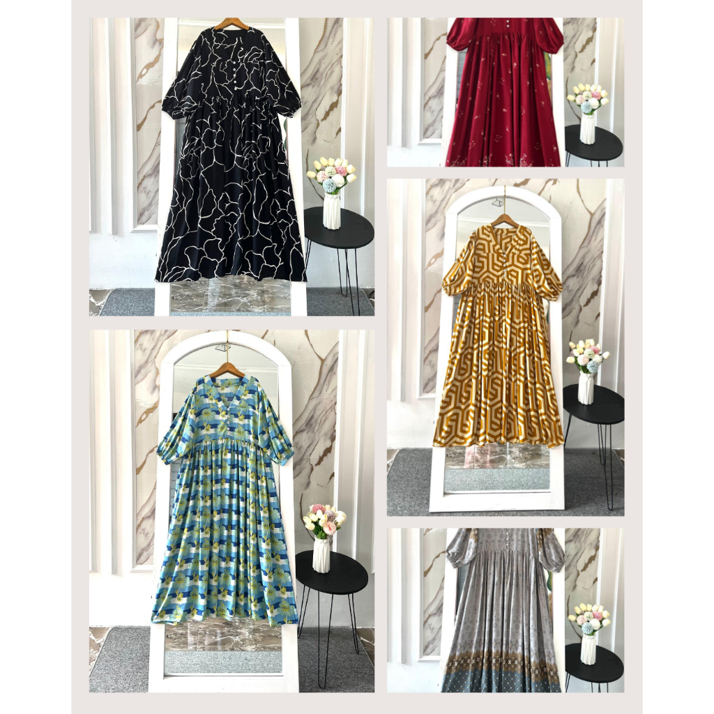 Midi Dress Rayon Premium Jumbo Lengan Karet Pakaian Wanita Kekinian Yulia