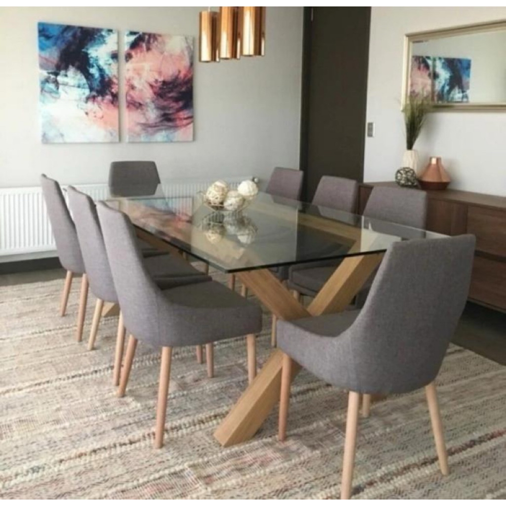 meja makan set 8 kursi kayu jati top kaca tebal