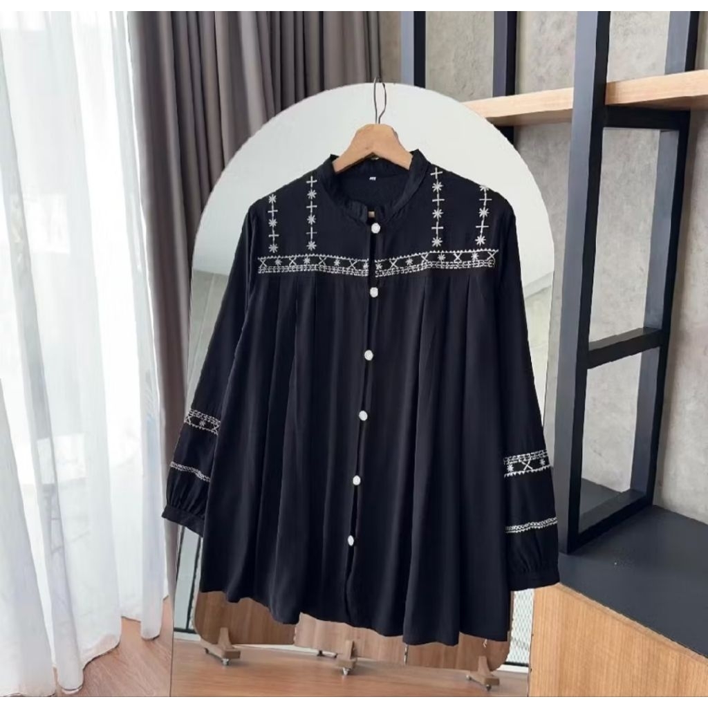 Queeny - Kemeja Atasan Wanita Elegant Bahan Linen rayon twill kancing mutiara