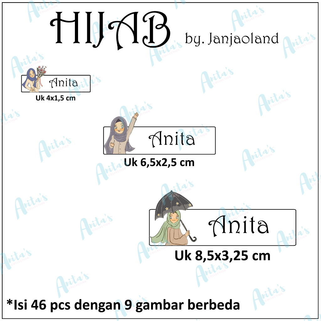 

46pcs STIKER LABEL NAMA PULPEN / PENSIL dll tema HIJAB by JANJAOLAND| SIZE S, M, L (MIX) | CUSTOM NAMA