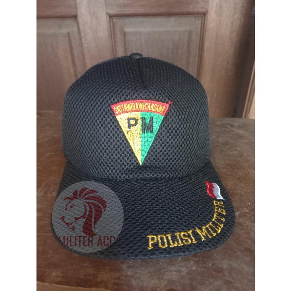 Topi PM Polisi Militer Topi Lapangan Dobelmesh / Jaring Logo Bordir Hitam
